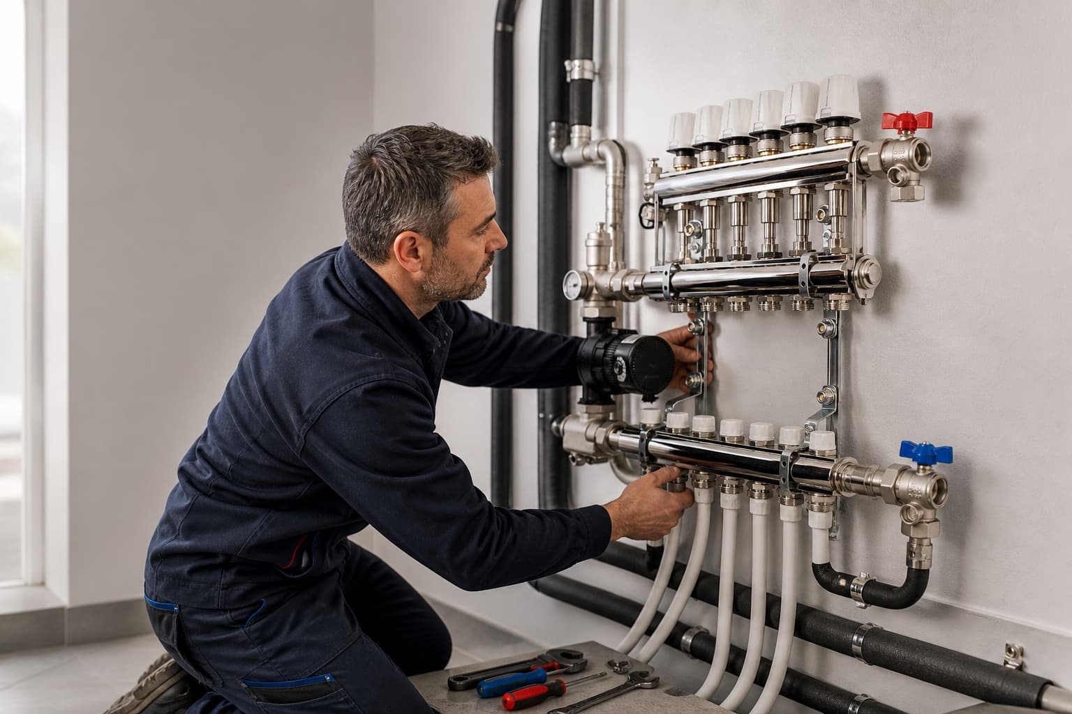 Installatore al lavoro su un sistema TermoMix già assemblato