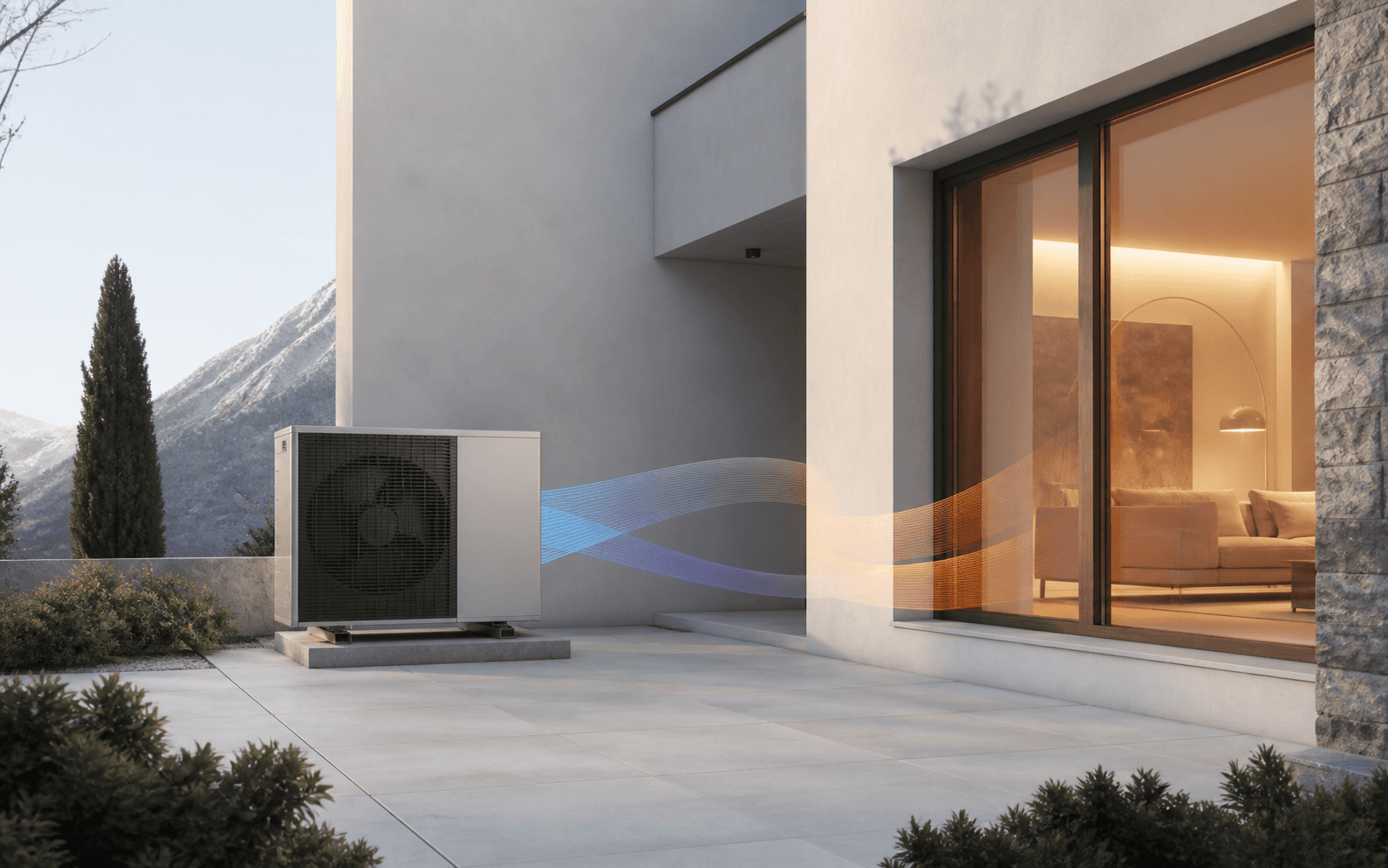 Pompa di calore esterna accanto a una casa contemporanea