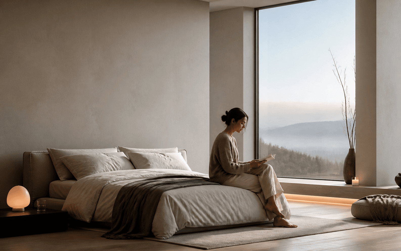 Camera da letto contemporanea riscaldata con luce calda