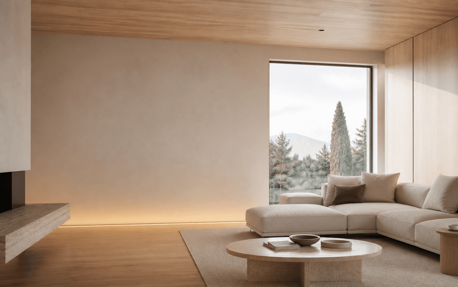 Soggiorno contemporaneo con pavimento in legno e grandi superfici vetrate